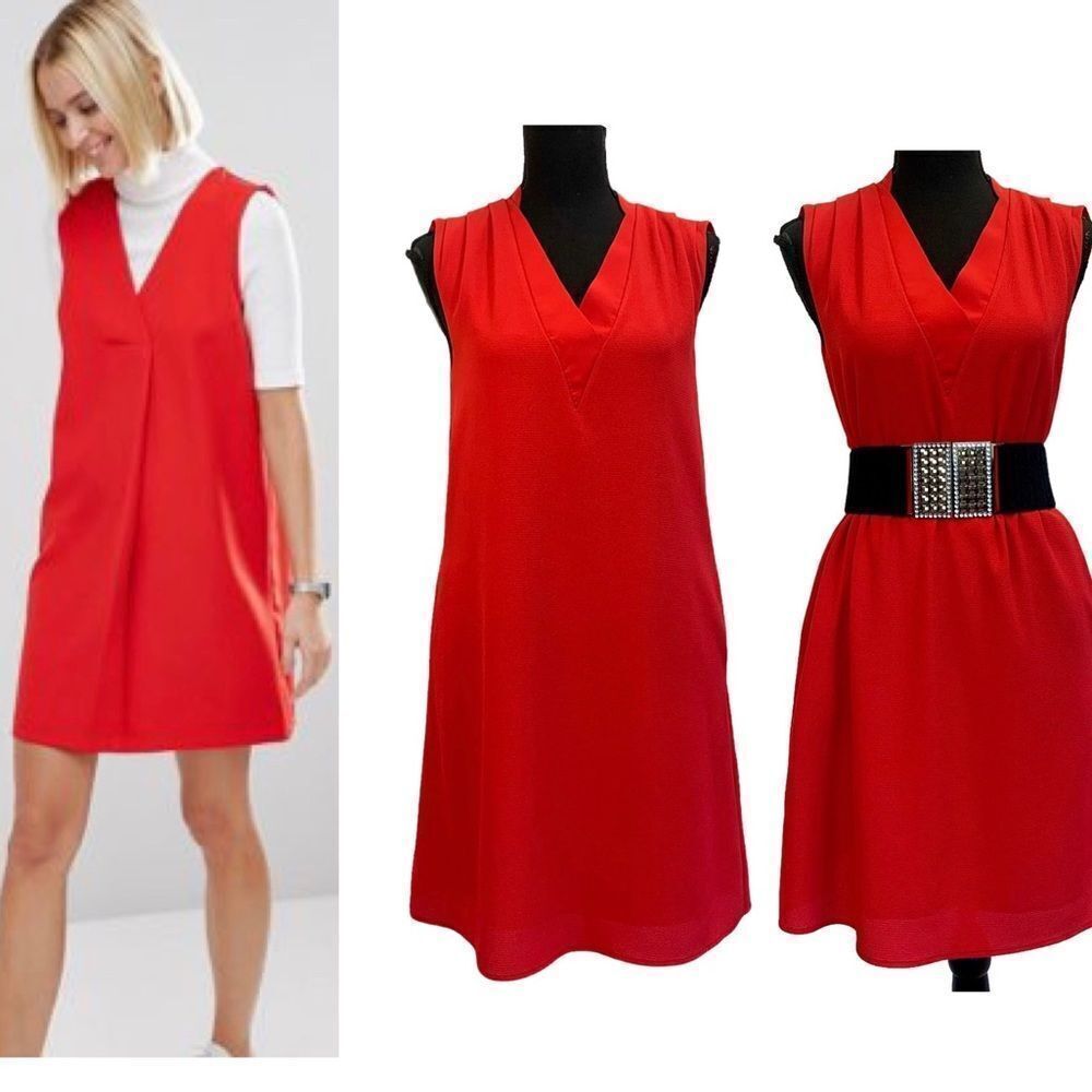 rw&co red sleeveless pleated shift dress pockets Sz XXS stretchy